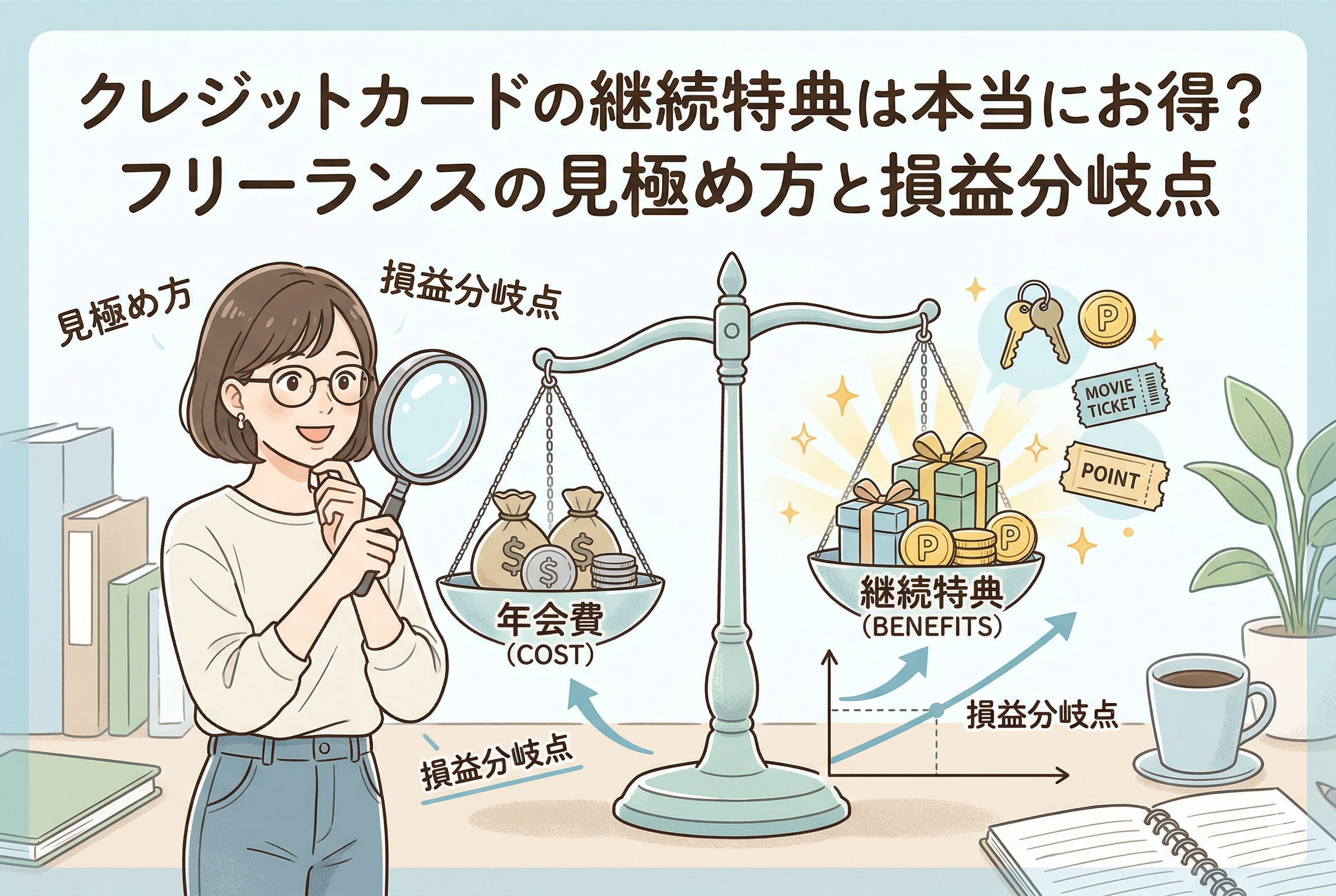 フリーランスの女性が天秤を前に、クレジットカードの年会費(コスト)と継続特典(メリット)を虫眼鏡で比較・分析している様子を描いたイラスト。天秤の左にはお金の袋、右にはプレゼントやポイント、映画チケットなどがある。上部には記事タイトルの「クレジットカードの継続特典は本当にお得?フリーランスの見極め方と損益分岐点」が書かれ、右下には損益分岐点を示すグラフがある。