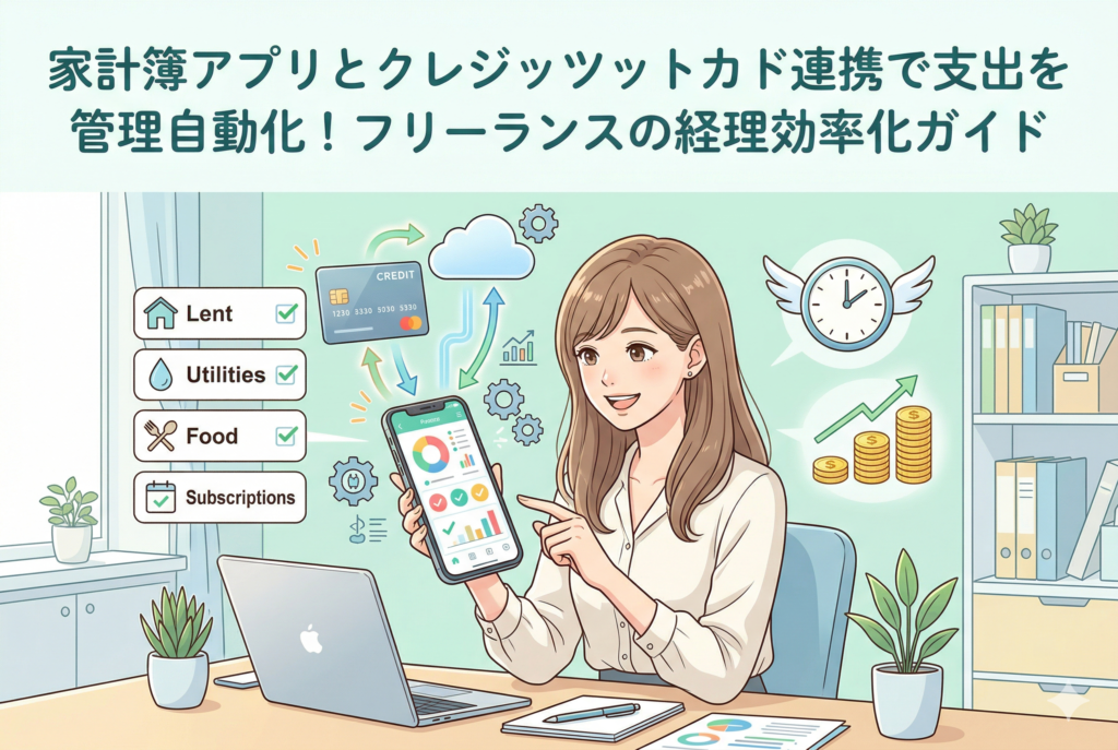 家計簿アプリが画面に表示されたスマートフォンを持つ女性のイラスト。クレジットカードから支出データ(家賃、光熱費、食費、サブスク)が自動的にアプリへ取り込まれ、グラフ化される様子を描いている。背景には時間を生み出す時計と利益が増えるグラフがあり、「家計簿アプリとクレジットカード連携で支出管理を自動化!フリーランスの経理効率化ガイド」というタイトルが添えられている。