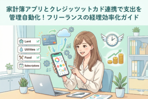 家計簿アプリが画面に表示されたスマートフォンを持つ女性のイラスト。クレジットカードから支出データ（家賃、光熱費、食費、サブスク）が自動的にアプリへ取り込まれ、グラフ化される様子を描いている。背景には時間を生み出す時計と利益が増えるグラフがあり、「家計簿アプリとクレジットカード連携で支出管理を自動化！フリーランスの経理効率化ガイド」というタイトルが添えられている。
