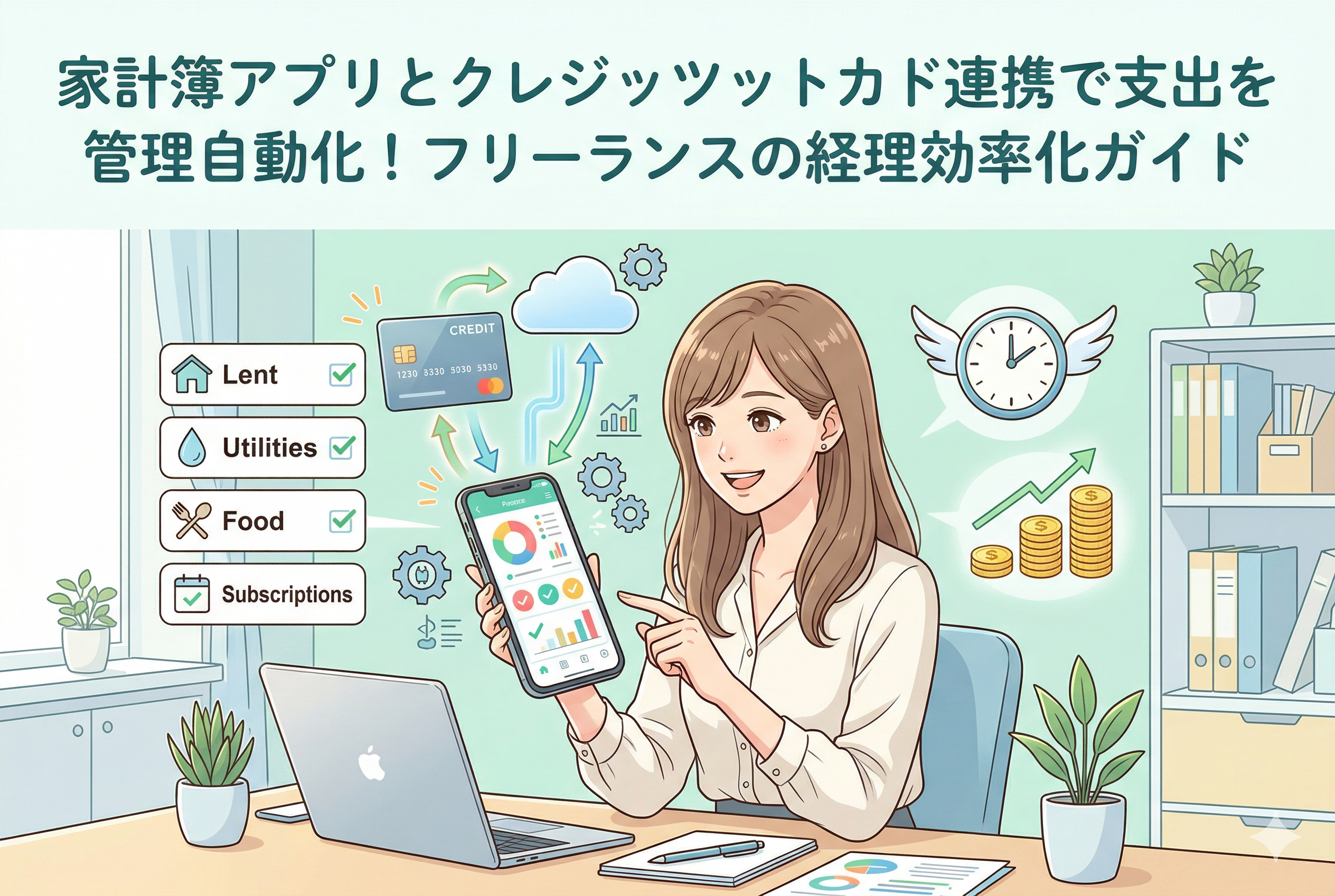 家計簿アプリが画面に表示されたスマートフォンを持つ女性のイラスト。クレジットカードから支出データ（家賃、光熱費、食費、サブスク）が自動的にアプリへ取り込まれ、グラフ化される様子を描いている。背景には時間を生み出す時計と利益が増えるグラフがあり、「家計簿アプリとクレジットカード連携で支出管理を自動化！フリーランスの経理効率化ガイド」というタイトルが添えられている。