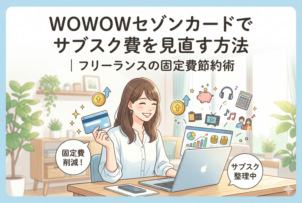 ノートパソコンで作業をしながらクレジットカードを手に持ち、笑顔でサブスク費用の見直しを行うフリーランス女性のイラスト。「WOWOWセゾンカードでサブスク費を見直す方法|フリーランスの固定費節約術」というタイトル文字が含まれています。