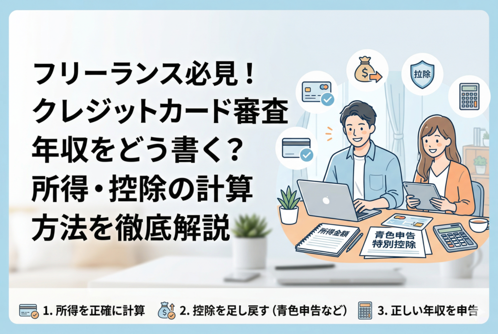 パソコンで作業をする男女のフリーランスのイラスト。「フリーランス必見！クレジットカード審査 年収をどう書く？所得・控除の計算方法を徹底解説」という見出しとともに、所得金額や青色申告特別控除の書類が並び、正しい年収申告のための3つのステップが図解されている清潔感のあるデザイン。