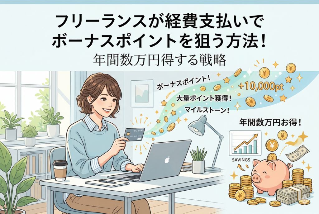 「フリーランスが経費支払いでボーナスポイントを狙う方法！年間数万円得する戦略」という見出しが入ったアイキャッチ画像。デスクでノートパソコンを操作しながらクレジットカードを持つ女性のイラスト。周囲には「+10,000pt」「大量ポイント獲得！」「マイルストーン！」といった文字と共に、キラキラと輝くコインや貯金箱、資産が増えていく右肩上がりのグラフが描かれています。