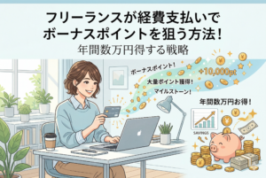 「フリーランスが経費支払いでボーナスポイントを狙う方法！年間数万円得する戦略」という見出しが入ったアイキャッチ画像。デスクでノートパソコンを操作しながらクレジットカードを持つ女性のイラスト。周囲には「+10,000pt」「大量ポイント獲得！」「マイルストーン！」といった文字と共に、キラキラと輝くコインや貯金箱、資産が増えていく右肩上がりのグラフが描かれています。