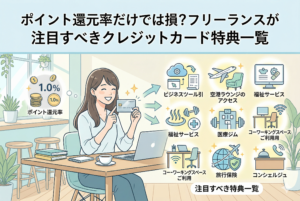 「ポイント還元率だけでは損？フリーランスが注目すべきクレジットカード特典一覧」という見出しが入ったアイキャッチ画像。カフェでノートパソコンを前に座る女性がカードを手に持ち、1.0%という還元率だけでなく、ビジネスツール割引、空港ラウンジ、福利厚生、コワーキングスペース、旅行保険、コンシェルジュなどの多彩な特典アイコンが並んでいる様子を描いた、清潔感のあるイラスト。