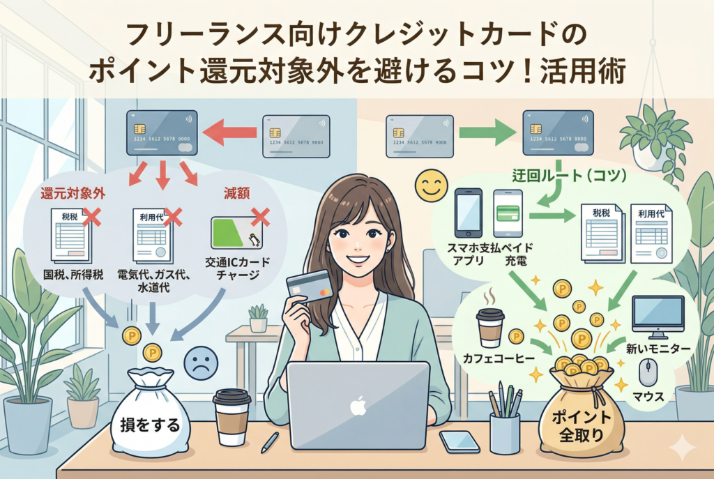「フリーランス向けクレジットカードのポイント還元対象外を避けるコツ!活用術」というタイトルが入ったアイキャッチ画像。左側には国税・公共料金・交通ICチャージが「還元対象外・減額」となり損をする様子、右側にはスマホ決済アプリ等の「迂回ルート」を活用してポイントを「全取り」し、新しいモニターやマウスを手に入れる様子を対比させて描いた、清潔感のあるイラスト。