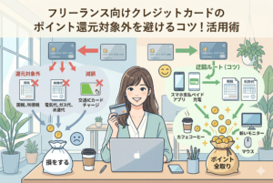 「フリーランス向けクレジットカードのポイント還元対象外を避けるコツ！活用術」というタイトルが入ったアイキャッチ画像。左側には国税・公共料金・交通ICチャージが「還元対象外・減額」となり損をする様子、右側にはスマホ決済アプリ等の「迂回ルート」を活用してポイントを「全取り」し、新しいモニターやマウスを手に入れる様子を対比させて描いた、清潔感のあるイラスト。