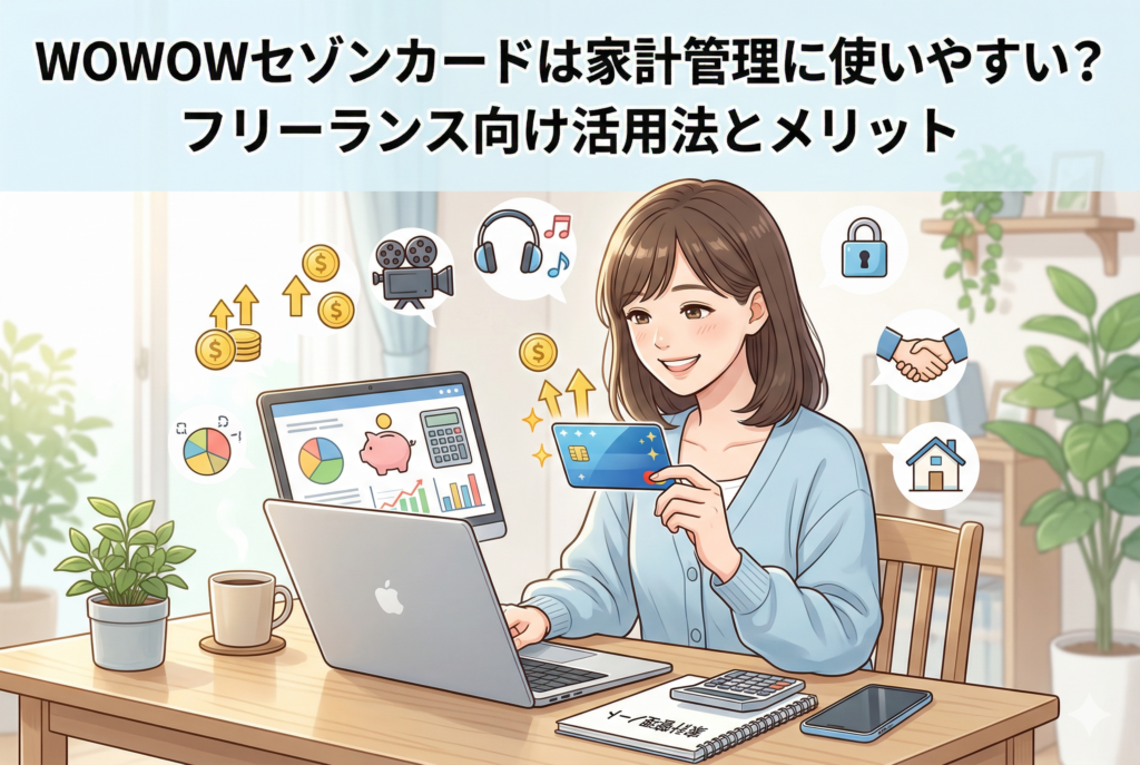 明るい家庭オフィスで、クレジットカードと笔记本电脑を使って家計管理をする笑顔のフリーランス女性のイラスト。周囲には、映画、音楽、貯蓄、セキュリティ、信頼を表すアイコンが浮かんでいます。笔记本电脑画面には財務グラフと貯金箱が表示され、机には「家計管理ノート」、計算機、スマートフォンが置かれています。上部には「WOWOWセゾンカードは家計管理に使いやすい? フリーランス向け活用法とメリット」という日本語テキストがあります。