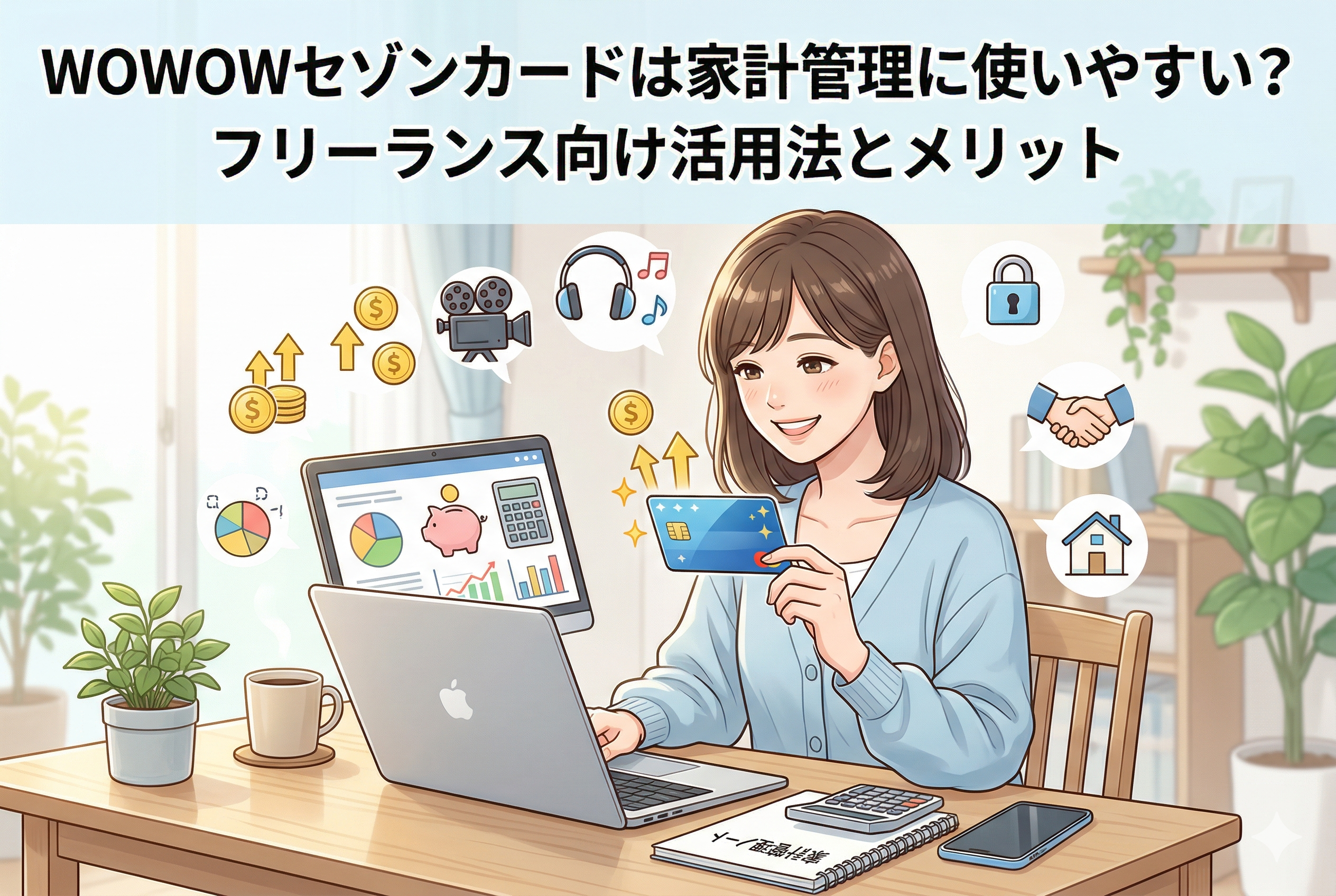 明るい家庭オフィスで、クレジットカードと笔记本电脑を使って家計管理をする笑顔のフリーランス女性のイラスト。周囲には、映画、音楽、貯蓄、セキュリティ、信頼を表すアイコンが浮かんでいます。笔记本电脑画面には財務グラフと貯金箱が表示され、机には「家計管理ノート」、計算機、スマートフォンが置かれています。上部には「WOWOWセゾンカードは家計管理に使いやすい? フリーランス向け活用法とメリット」という日本語テキストがあります。