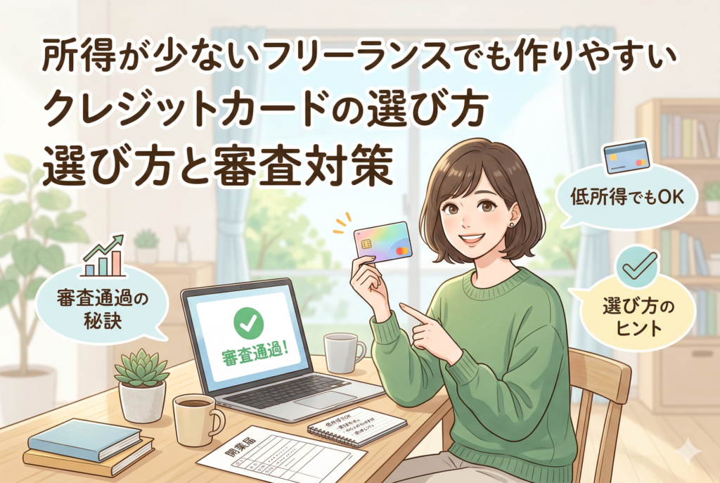 パソコンの前で笑顔でクレジットカードを指さす女性フリーランスのイラスト。デスクには開業届や本が置かれ、パソコン画面には「審査通過！」と緑のチェックマークが表示されている。画像上部には「所得が少ないフリーランスでも作りやすいクレジットカードの選び方 選び方と審査対策」という大きな見出しがあり、周囲に「低所得でもOK」「審査通過の秘訣」「選び方のヒント」といった吹き出しラベルが配置されている。明るく親しみやすい雰囲気のデザイン。