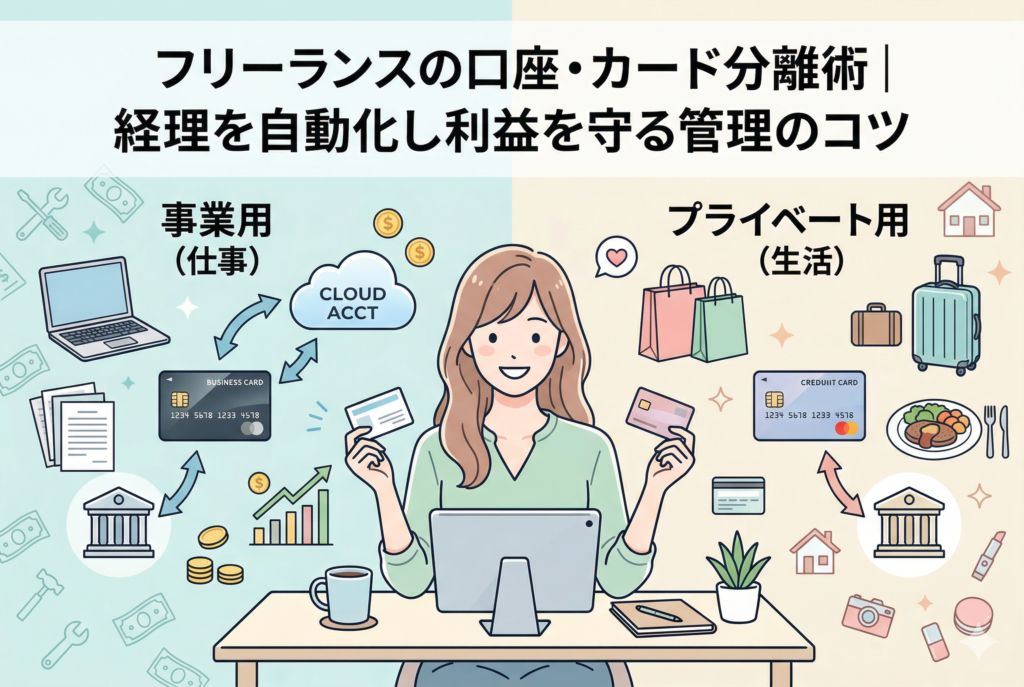 デスクで作業する女性が、タブレットと複数のクレジットカードを手に持ち、「事業用（仕事）」と「プライベート用（生活）」の口座・カードを分けて管理することで、経理を自動化し利益を守るコツを解説する「フリーランスの口座・カード分離術」のアイキャッチイラスト。