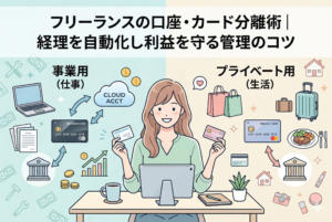 デスクで作業する女性が、タブレットと複数のクレジットカードを手に持ち、「事業用（仕事）」と「プライベート用（生活）」の口座・カードを分けて管理することで、経理を自動化し利益を守るコツを解説する「フリーランスの口座・カード分離術」のアイキャッチイラスト。