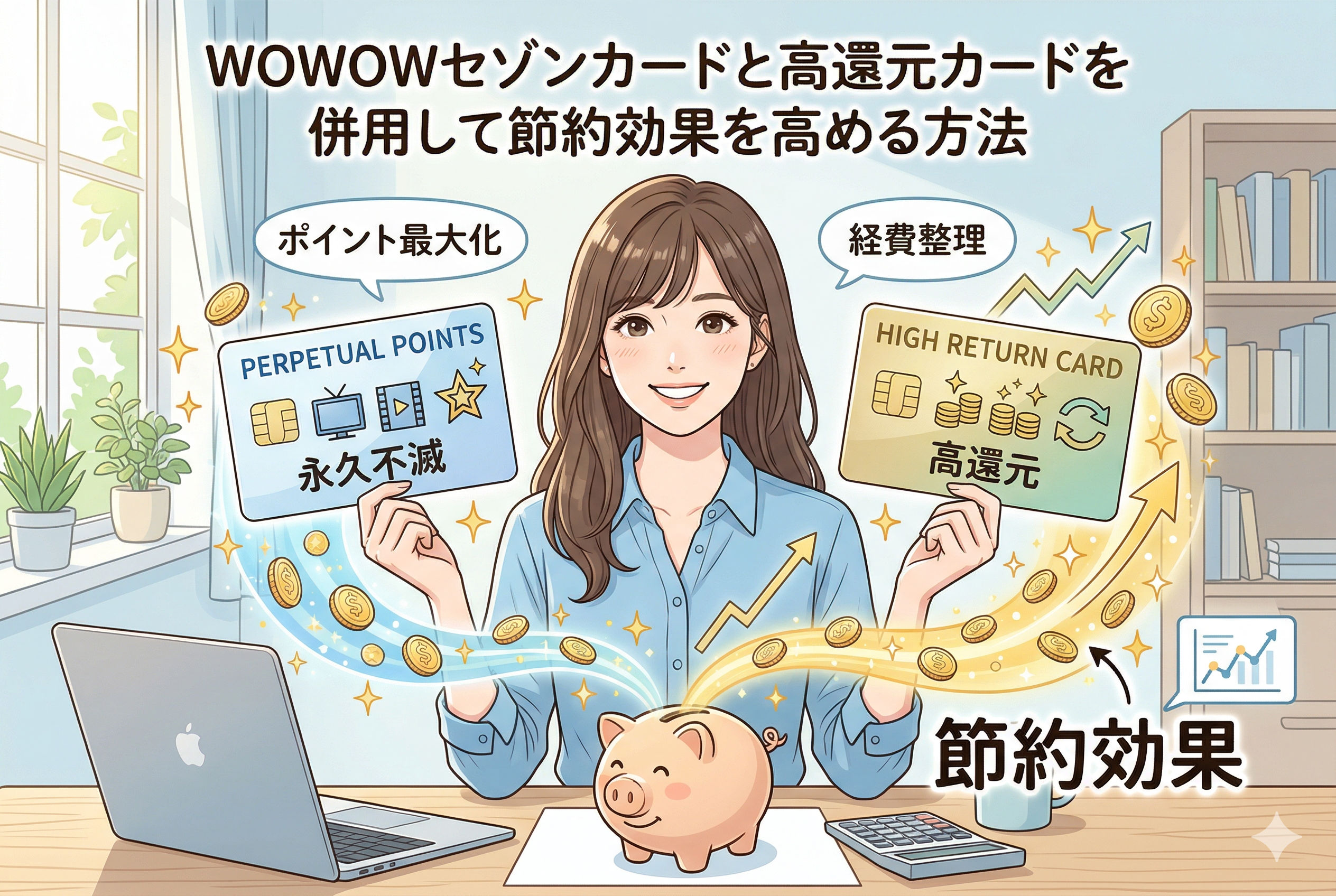 ホームオフィスで笑顔の女性が「WOWOWセゾンカード(永久不滅ポイント)」と「高還元カード」の2枚を手に持っているイラスト。画像上部に「WOWOWセゾンカードと高還元カードを併用して節約効果を高める方法」のタイトル。左に「ポイント最大化」、右に「経費整理」の吹き出し、豚の貯金箱へ流れるコインと右下の「節約効果」の文字が描かれている。