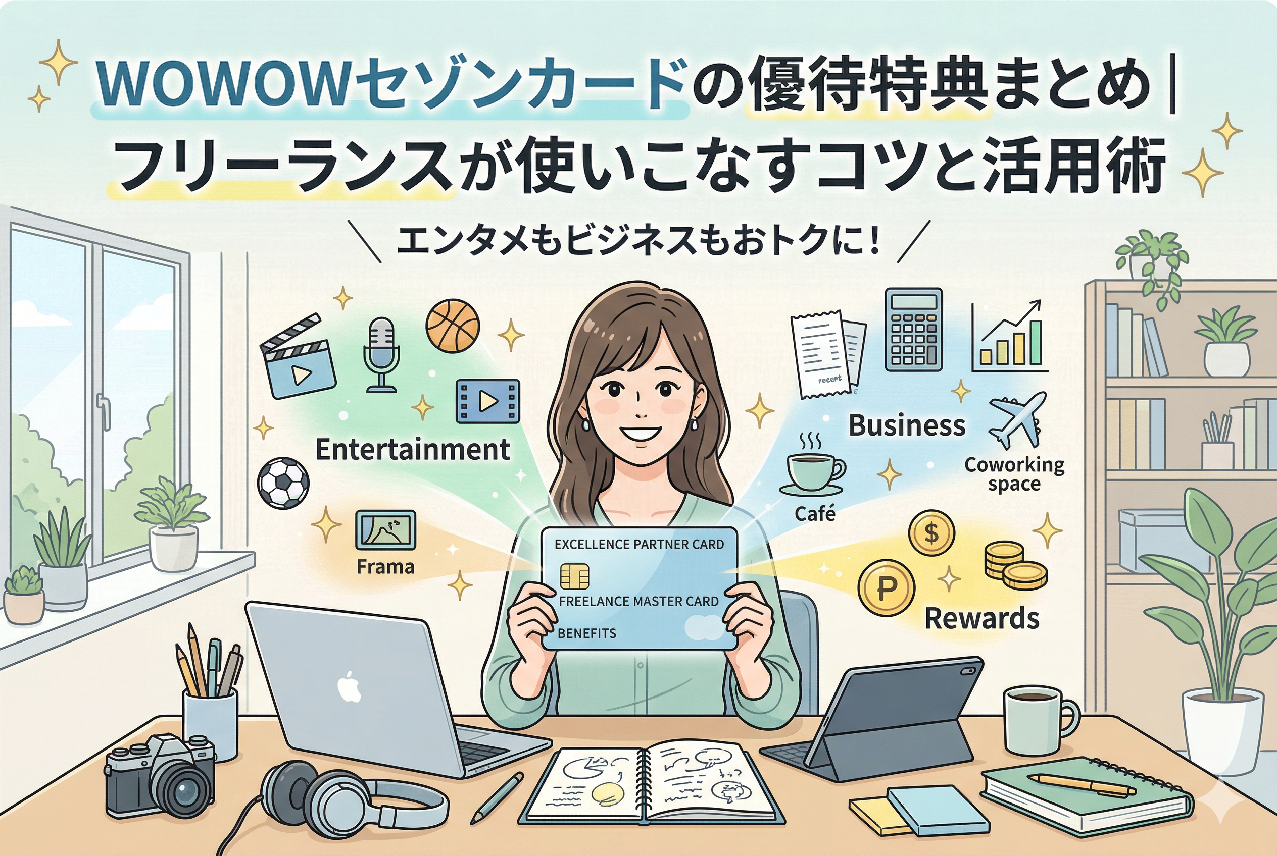 「WOWOWセゾンカードの優待特典まとめ｜フリーランスが使いこなすコツと活用術」という記事タイトルのアイキャッチ画像。デスクで作業する女性フリーランスの周りに、映画・スポーツ・音楽などのエンタメ特典、カフェ・コワーキングスペース・トラベルなどのビジネス特典、ポイントやキャッシュバックのリワード特典がアイコンで描かれています。フリーランスがエンタメとビジネスの両方でお得になることを表現しています。