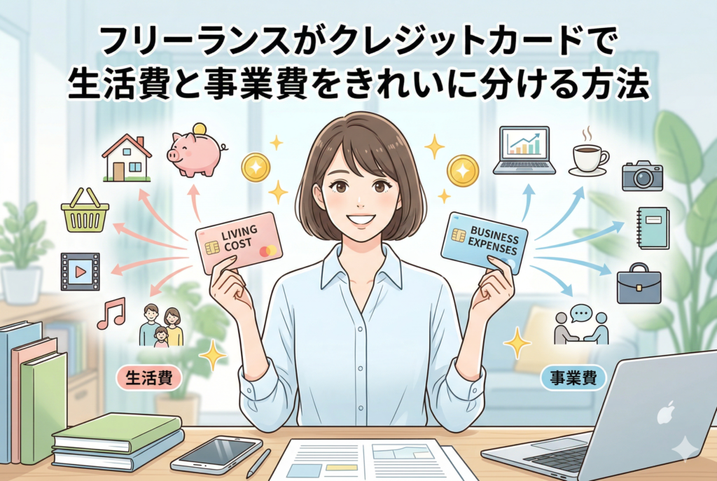 「フリーランスがクレジットカードで生活費と事業費をきれいに分ける方法」というタイトルが含まれる、ホームオフィスでデスクに向かう女性のイラスト。女性は「LIVING COST 生活費」と書かれたカードと「BUSINESS EXPENSES 事業費」と書かれたカードの2枚を掲げ、それぞれのカードの周囲には、生活費(家、貯金箱)と事業費(パソコン、カメラ)に関連するアイコンが描かれている。清潔感のある薄い青緑色のデザイン。