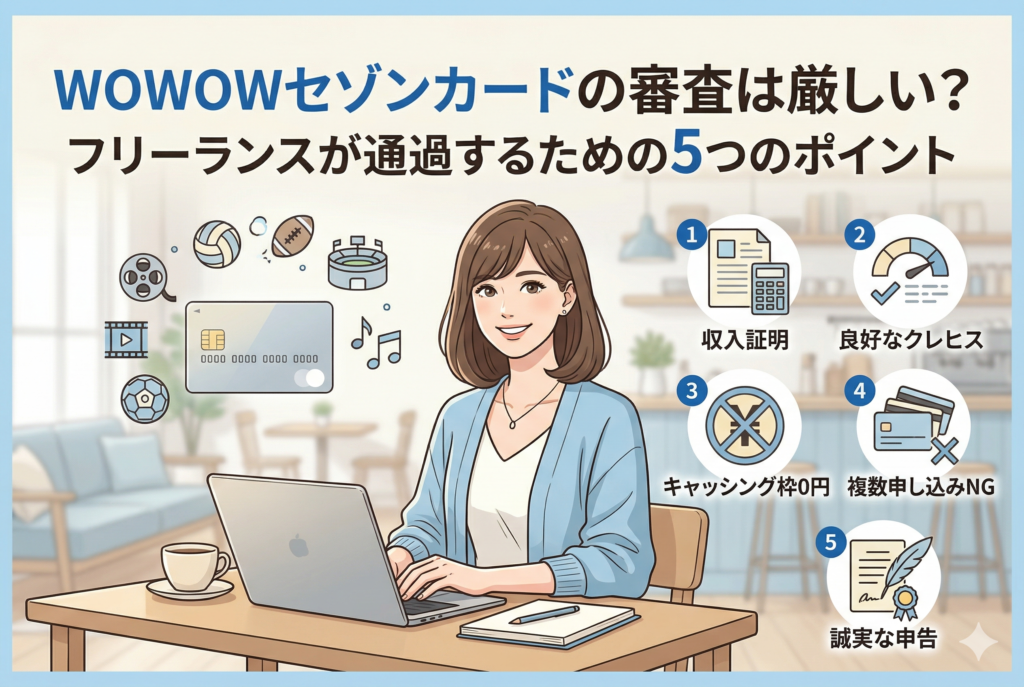 フリーランスの女性がカフェでノートパソコンに向かい、笑顔で作業しているアイキャッチ画像。上部には「WOWOWセゾンカードの審査は厳しい?フリーランスが通過するための5つのポイント」という記事タイトルが日本語で大きく記載されています。右側には、審査通過のための具体的な5つのポイント(収入証明、良好なクレヒス、キャッシング枠0円、複数申し込みNG、誠実な申告)が、アイコンとテキストで分かりやすく箇条書きになっています。