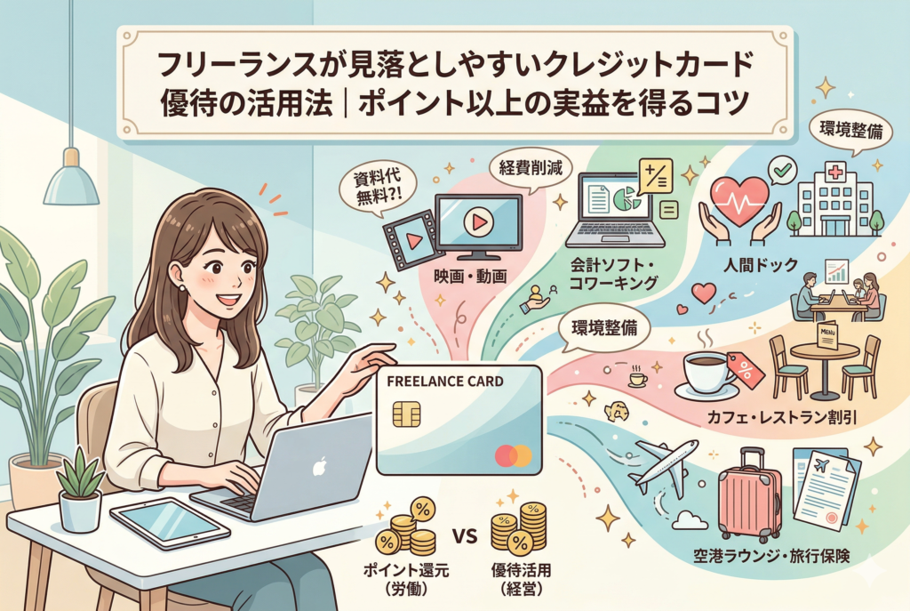 「フリーランスが見落としやすいクレジットカード優待の活用法|ポイント以上の実益を得るコツ」という記事タイトルのインフォグラフィック。左側にデスクに向かった女性が「FREELANCE CARD」というカードを掲げ、そこから资料代無料の映画・動画、経費削減につながる会計ソフト・コワーキング、環境整備の人間ドック、カフェ・レストラン割引、空港ラウンジ・旅行保険という6つの具体的な隠れた特典が流れ出ている。カードの下には、「ポイント還元 (労働)」と「優待活用 (経営)」を比較する図があり、優待活用によって、資料代無料だけでなく、経費削減や環境整備がなされ、ポイント以上の実益が得られることが強調されている。