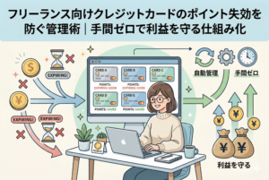 デスクで眼鏡をかけたフリーランスの女性が、ノートパソコン画面（ Card A〜E、EXPIRING SOON、SAVED）で複数のクレジットカードポイントの失効期限を一元管理しているインフォグラフィック形式のイラスト。左側の失効リスク（砂時計、ドル/円硬貨に×印、EXPIRING!）から、右側の自動管理システム（歯車、時計、手間ゼロ）を経て、利益増加（上昇する円グラフ、硬貨、札束袋、利益を守る）へと繋がる流れを視覚的に表現。上部に記事タイトル「フリーランス向けクレジットカードのポイント失効を防ぐ管理術｜手間ゼロで利益を守る仕組み化」が記載されている。