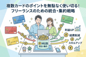 笑顔の男女フリーランスが、周囲の4枚のクレジットカードから貯まったポイント（Pコイン）を中央の「P HUB 統合・集約」と書かれた容器に集める清潔感のあるイラスト。集約されたポイントが、右側の利益UP、経費削減、スキルアップといった具体的なビジネスメリット（右肩上がりのグラフや￥マーク）へ繋がる流れを視覚化している。上部には「複数カードのポイントを無駄なく使い切る！フリーランスのための統合・集約戦略」のタイトルテキストが記載されている。