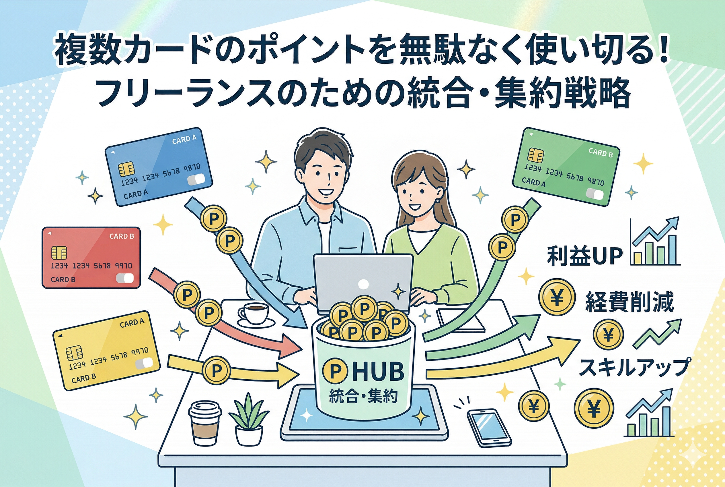 笑顔の男女フリーランスが、周囲の4枚のクレジットカードから貯まったポイント(Pコイン)を中央の「P HUB 統合・集約」と書かれた容器に集める清潔感のあるイラスト。集約されたポイントが、右側の利益UP、経費削減、スキルアップといった具体的なビジネスメリット(右肩上がりのグラフや¥マーク)へ繋がる流れを視覚化している。上部には「複数カードのポイントを無駄なく使い切る!フリーランスのための統合・集約戦略」のタイトルテキストが記載されている。
