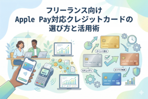 「フリーランス向け Apple Pay対応クレジットカードの選び方と活用術」というタイトルのアイキャッチ画像。PC作業をするフリーランス、スマートフォンでのApple Pay決済、そしてポイント還元やセキュリティなどの特典が描かれた複数のクレジットカードのイラスト。
