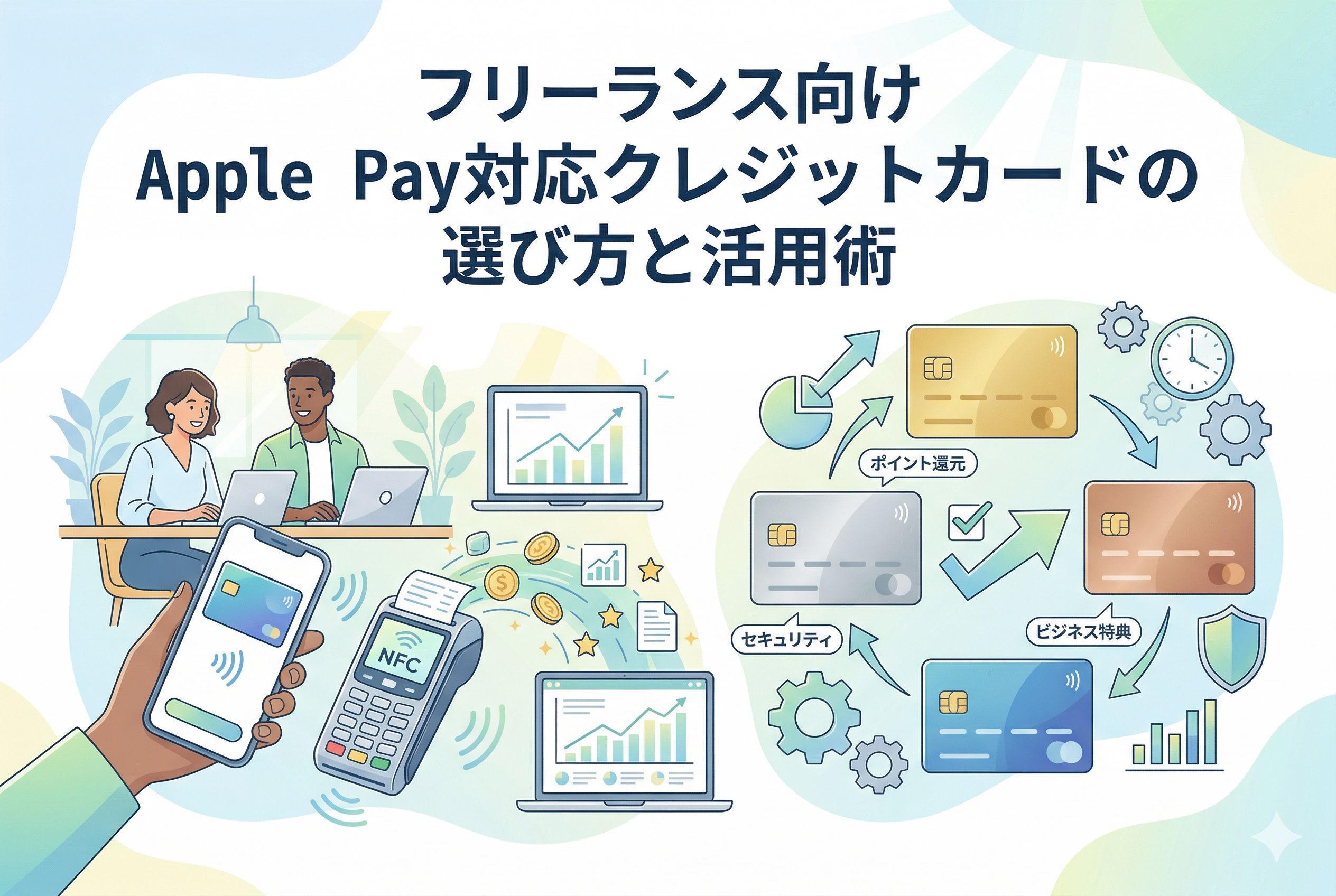 「フリーランス向け Apple Pay対応クレジットカードの選び方と活用術」というタイトルのアイキャッチ画像。PC作業をするフリーランス、スマートフォンでのApple Pay決済、そしてポイント還元やセキュリティなどの特典が描かれた複数のクレジットカードのイラスト。
