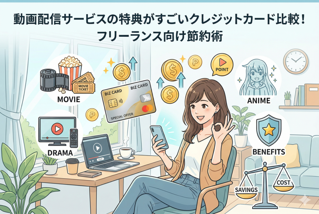 「動画配信サービスの特典がすごいクレジットカード比較!フリーランス向け節約術」という見出しが入ったイラスト。部屋でくつろぐ女性の周囲に、クレジットカード、映画のフィルム、ドラマやアニメのアイコン、上昇するコインが描かれ、右下には「SAVINGS(節約)」と「COST(コスト)」を比較する天秤が配置されたアイキャッチ画像。