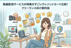 「動画配信サービスの特典がすごいクレジットカード比較！フリーランス向け節約術」という見出しが入ったイラスト。部屋でくつろぐ女性の周囲に、クレジットカード、映画のフィルム、ドラマやアニメのアイコン、上昇するコインが描かれ、右下には「SAVINGS（節約）」と「COST（コスト）」を比較する天秤が配置されたアイキャッチ画像。