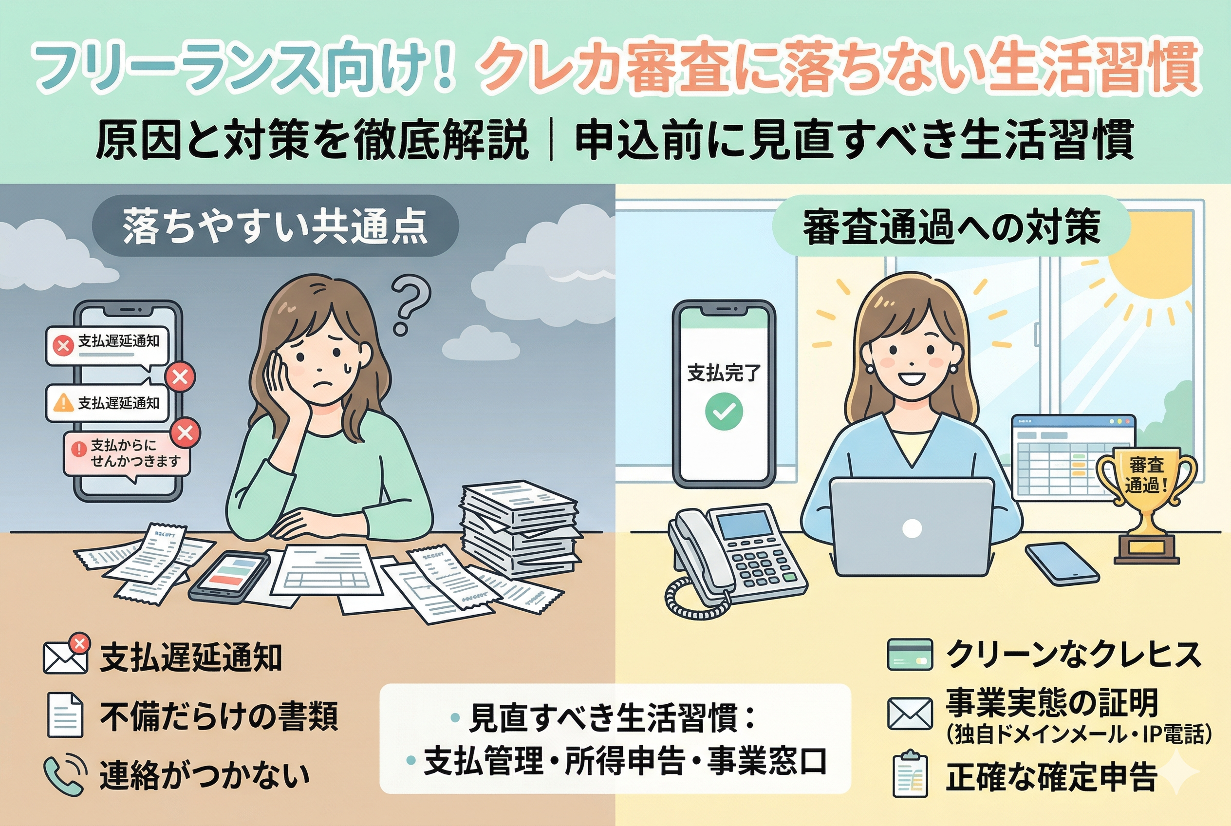 「フリーランス向け!クレカ審査に落ちない生活習慣」というタイトルのもと、審査に落ちやすい人の悪い習慣(支払遅延や書類不備)と、審査に通るための良い習慣(クリーンな履歴や正確な申告)を左右で比較したイラスト。左側には悩む女性、右側には準備を整えて審査に通過した女性が描かれています。
