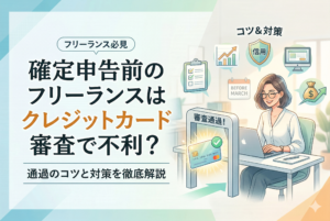 確定申告前の女性フリーランスが、自身の信用や実績を武器にクレジットカード審査のゲートを笑顔で通過する様子を描いたイラスト。背景には「信用」「コツと対策」などのアイコンや、確定申告時期（3月）前のカレンダーが配置され、中央に記事タイトルが記載された清潔感のあるデザイン。