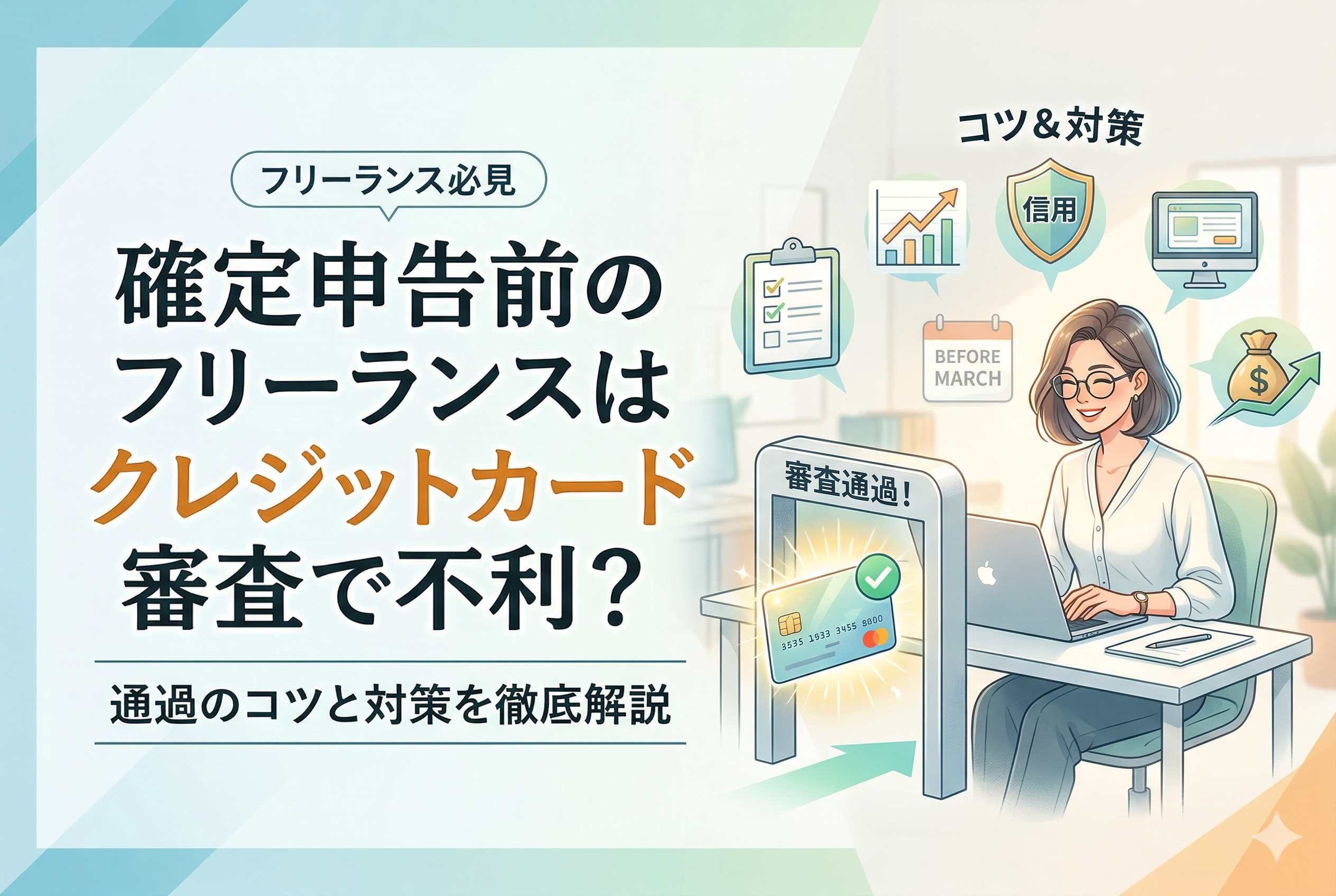 確定申告前の女性フリーランスが、自身の信用や実績を武器にクレジットカード審査のゲートを笑顔で通過する様子を描いたイラスト。背景には「信用」「コツと対策」などのアイコンや、確定申告時期(3月)前のカレンダーが配置され、中央に記事タイトルが記載された清潔感のあるデザイン。