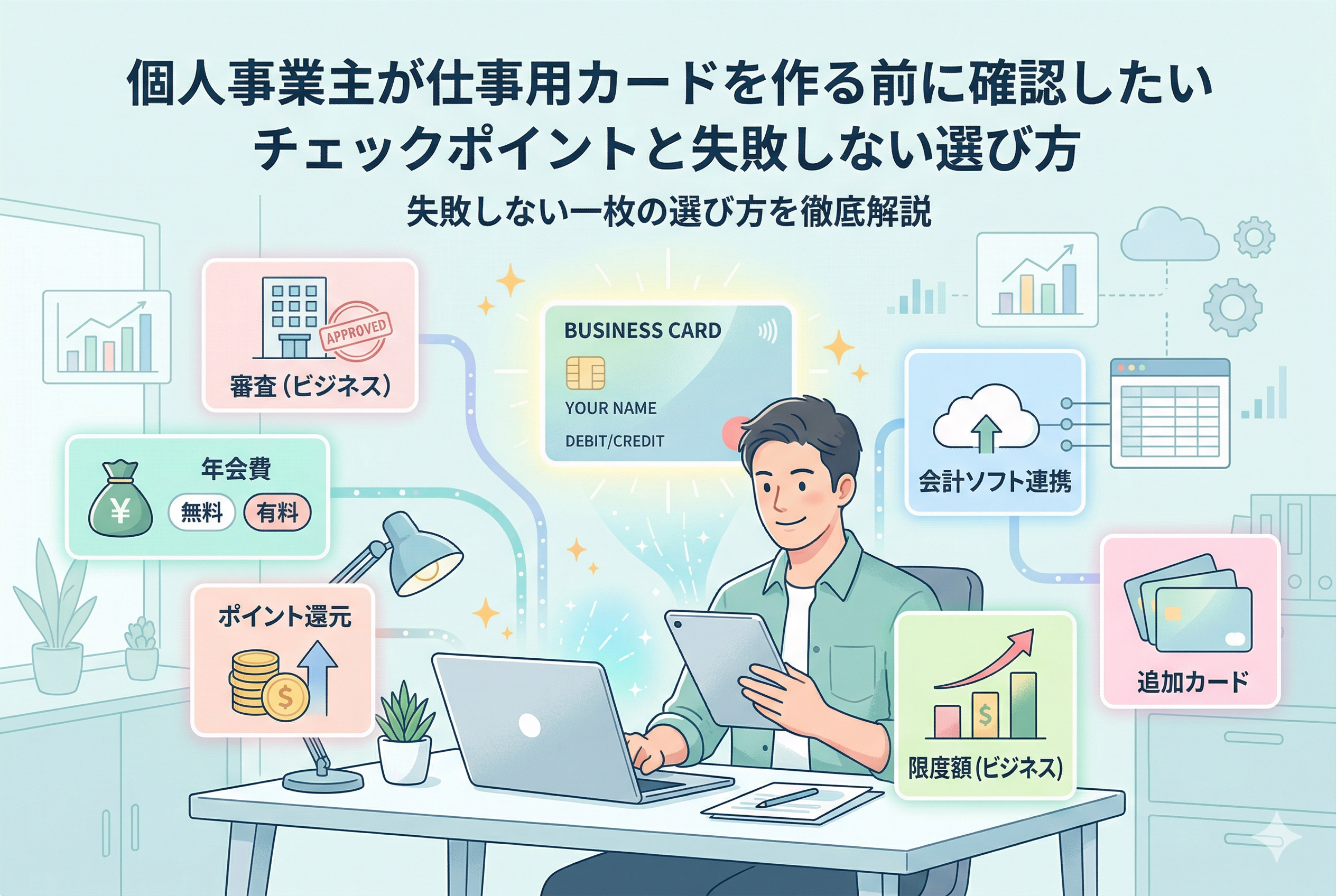 デスクでノートパソコンとタブレットを使う男性を中心に、個人事業主が仕事用クレジットカードを選ぶ際のチェックポイントを描いたインフォグラフィック。上部に「個人事業主が仕事用カードを作る前に確認したいチェックポイントと失敗しない選び方」「失敗しない一枚の選び方を徹底解説」という日本語のタイトルがある。周囲のアイコンには「審査(ビジネス、APPROVED)」「年会費 無料 有料」「ポイント還元」「会計ソフト連携」「限度額(ビジネス)」「追加カード」といった項目が示され、それぞれ対応するイラストが描かれている。