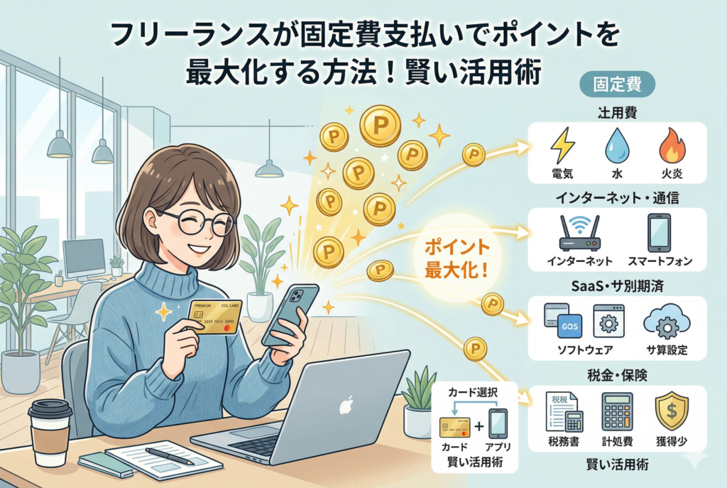 「フリーランスが固定費支払いでポイントを最大化する方法!賢い活用術」という見出しが入ったアイキャッチ画像。デスクでノートパソコンを前に、クレジットカードとスマートフォンを手にした笑顔の女性。彼女の持つデバイスからポイントが飛び出し、電気・水道・インターネット・SaaS・税金といった固定費の項目へ繋がっていく様子を描いた、清潔感のあるイラスト。
