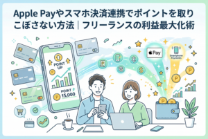 見出し「Apple Payやスマホ決済連携でポイントを取りこぼさない方法｜フリーランスの利益最大化術」のイラスト。中央で男性（スマートフォン）と女性（ノートパソコン）のフリーランスが協力し、Apple Payやスマホ決済から飛び出す星やPコイン（ポイント）、Bluetooth、Wi-Fi、円、ドルなどのアイコンを財布に集めている。左の大きなスマホ画面には「POINT UP」「POINT P 15,000」のグラフが表示されている。周囲には複数のクレジットカードが描かれている。