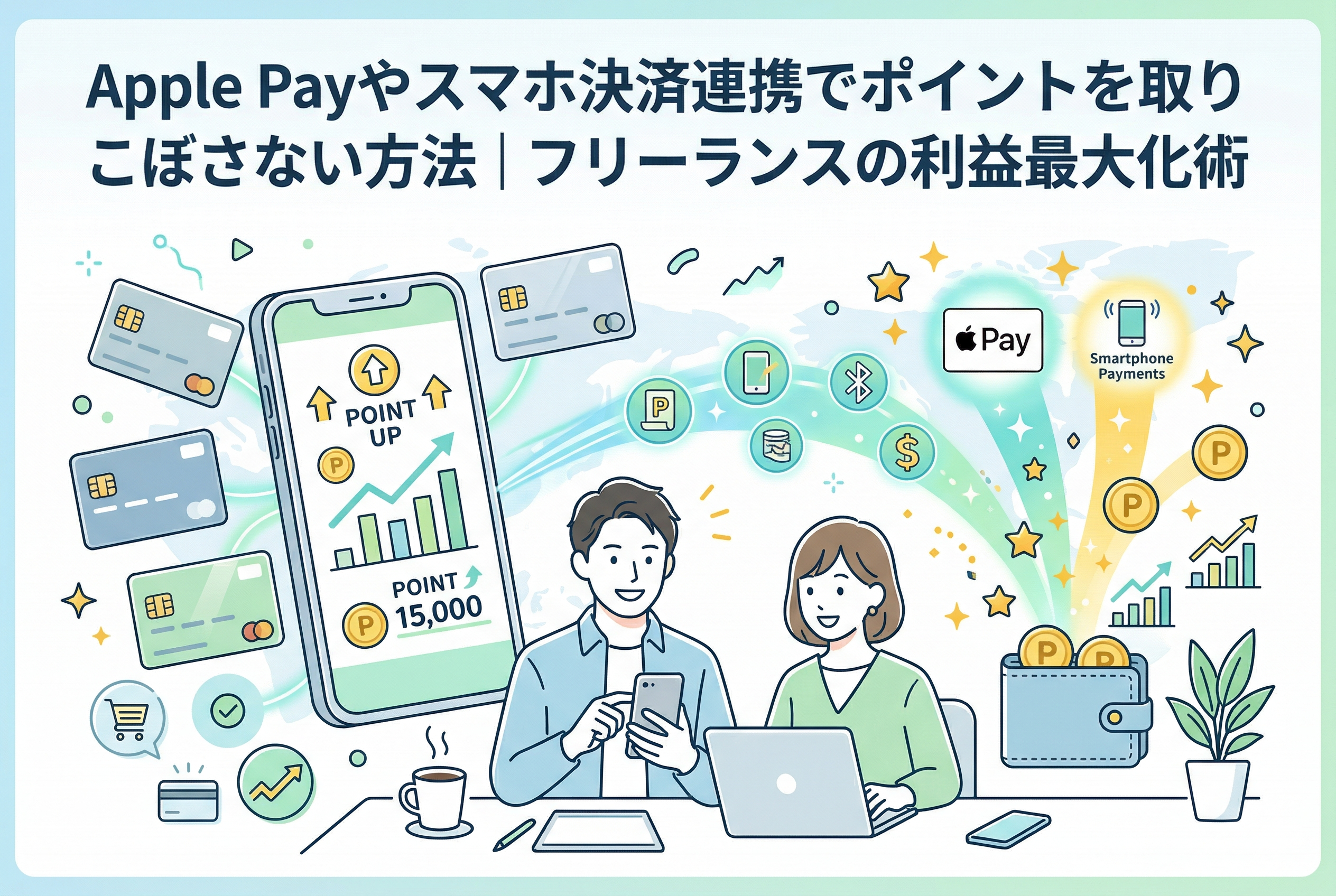 見出し「Apple Payやスマホ決済連携でポイントを取りこぼさない方法｜フリーランスの利益最大化術」のイラスト。中央で男性（スマートフォン）と女性（ノートパソコン）のフリーランスが協力し、Apple Payやスマホ決済から飛び出す星やPコイン（ポイント）、Bluetooth、Wi-Fi、円、ドルなどのアイコンを財布に集めている。左の大きなスマホ画面には「POINT UP」「POINT P 15,000」のグラフが表示されている。周囲には複数のクレジットカードが描かれている。