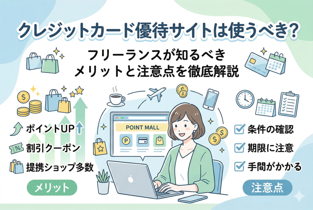 パソコンでクレジットカードの優待サイトを確認しているフリーランス女性のイラスト。画面左右に「ポイントUP」「割引クーポン」などのメリットと、「条件の確認」「期限に注意」といった注意点の要点が日本語で分かりやすく整理されています。