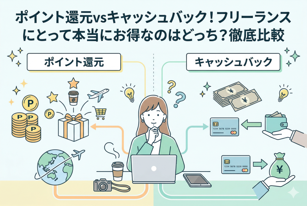 クレジットカードの特典を比較する記事のアイキャッチ。中央で悩むフリーランスの女性を挟んで、左側には「ポイント還元」のイメージ(積み上がったPコイン、マイルや商品交換、地球儀)、右側には「キャッシュバック」のイメージ(一日元紙幣の束、クレジットカード、財布、現金袋)が描かれ、上部に記事タイトル「ポイント還元vsキャッシュバック!フリーランスにとって本当にお得なのはどっち?徹底比較」がある。