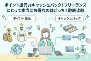 クレジットカードの特典を比較する記事のアイキャッチ。中央で悩むフリーランスの女性を挟んで、左側には「ポイント還元」のイメージ（積み上がったPコイン、マイルや商品交換、地球儀）、右側には「キャッシュバック」のイメージ（一日元紙幣の束、クレジットカード、財布、現金袋）が描かれ、上部に記事タイトル「ポイント還元vsキャッシュバック！フリーランスにとって本当にお得なのはどっち？徹底比較」がある。