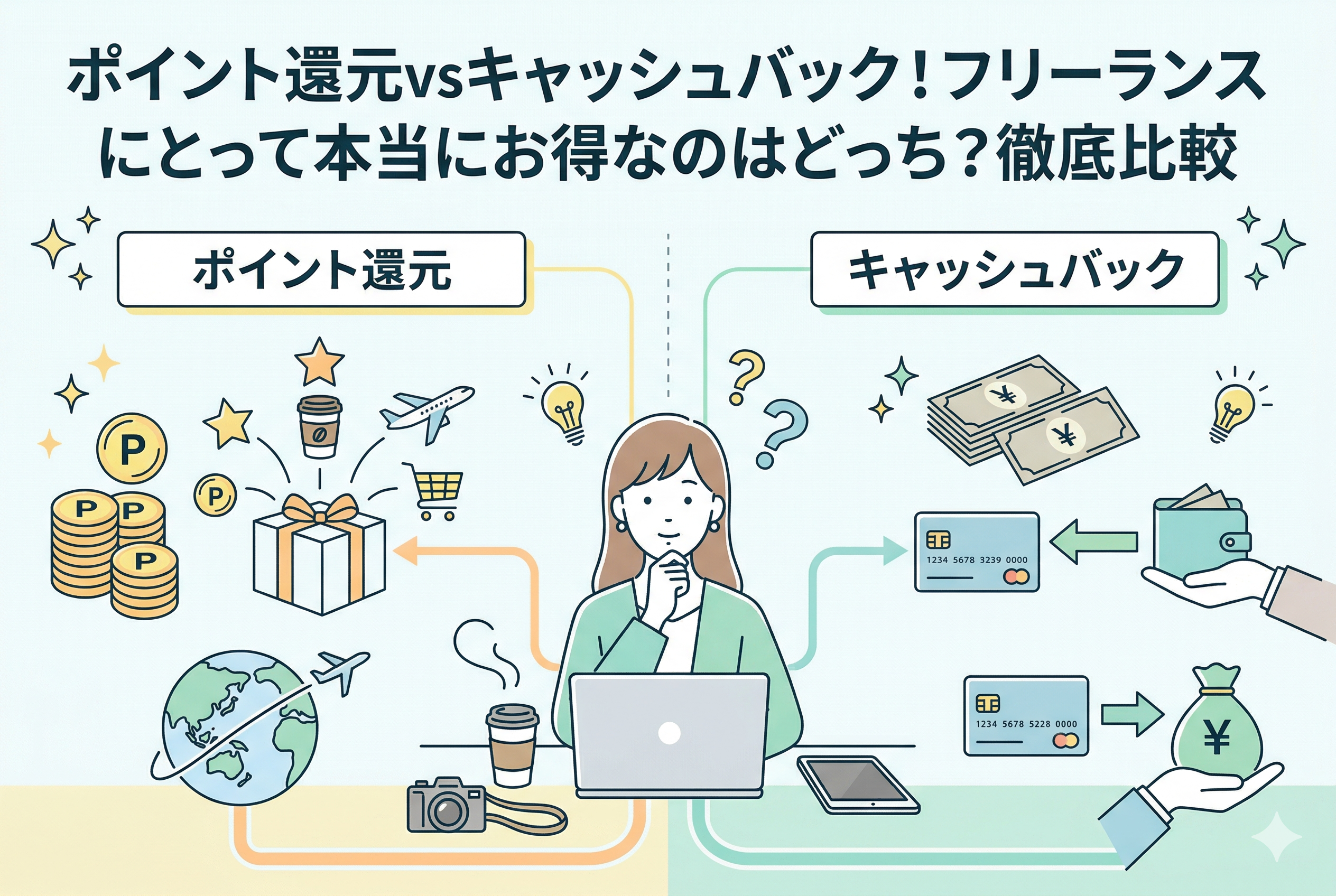 クレジットカードの特典を比較する記事のアイキャッチ。中央で悩むフリーランスの女性を挟んで、左側には「ポイント還元」のイメージ（積み上がったPコイン、マイルや商品交換、地球儀）、右側には「キャッシュバック」のイメージ（一日元紙幣の束、クレジットカード、財布、現金袋）が描かれ、上部に記事タイトル「ポイント還元vsキャッシュバック！フリーランスにとって本当にお得なのはどっち？徹底比較」がある。