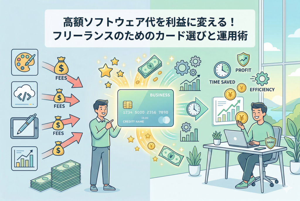 「高額ソフトウェア代を利益に変える！フリーランスのためのカード選びと運用術」というタイトルとともに、ソフトウェアの利用料（FEES）をビジネスカードに集約することで、ポイント還元、効率化（EFFICIENCY）、時間の創出（TIME SAVED）が生まれ、最終的に利益（PROFIT）に繋がる仕組みを表現したイラスト。左側には制作ツールのアイコン、右側には快適に作業するフリーランスの姿が描かれている。