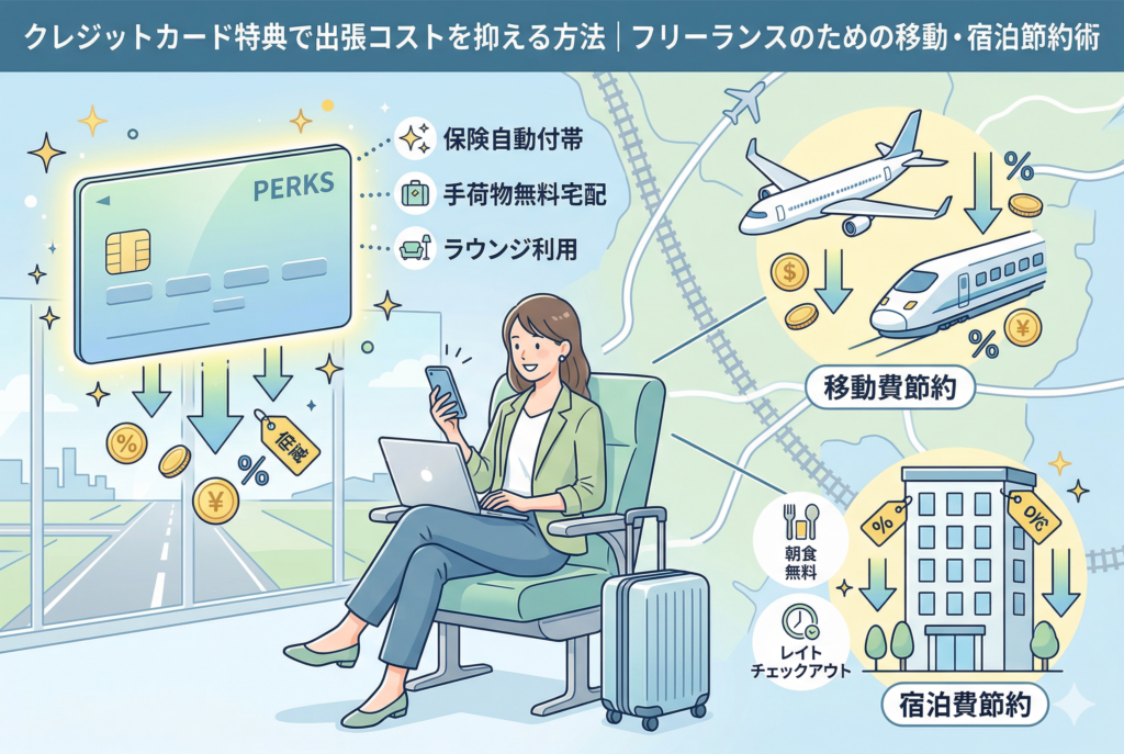 「クレジットカード特典で出張コストを抑える方法|フリーランスのための移動・宿泊節約術」というタイトルのインフォグラフィック。中央に女性がラウンジでパソコンを操作しており、左側のクレジットカード(PERKS)から割引やコインが落ちている。右側には、飛行機や新幹線による「移動費節約」と、ホテルによる「宿泊費節約(朝食無料、レイトチェックアウト)」のイラストがあり、それぞれコスト削減を示している。