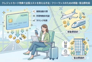 「クレジットカード特典で出張コストを抑える方法｜フリーランスのための移動・宿泊節約術」というタイトルのインフォグラフィック。中央に女性がラウンジでパソコンを操作しており、左側のクレジットカード（PERKS）から割引やコインが落ちている。右側には、飛行機や新幹線による「移動費節約」と、ホテルによる「宿泊費節約（朝食無料、レイトチェックアウト）」のイラストがあり、それぞれコスト削減を示している。