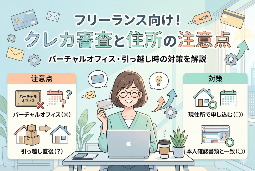 「フリーランス向け!クレカ審査と住所の注意点」というタイトルのもと、住所にまつわる審査のポイントを解説したイラスト。バーチャルオフィスの使用や引っ越し直後の注意点を左側に、現住所での申し込みや本人確認書類との一致といった対策を右側に図解しています。