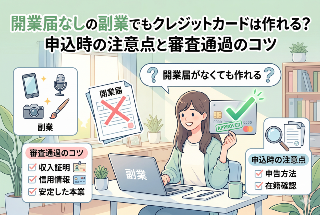 開業届を出していない副業ワーカー向けクレジットカード申し込み解説記事のアイキャッチ。PCデスクに向かう笑顔の女性フリーランス、×印の開業届、APPROVEDと書かれたクレジットカード、審査通過のコツと注意点のチェックリストが描かれている。