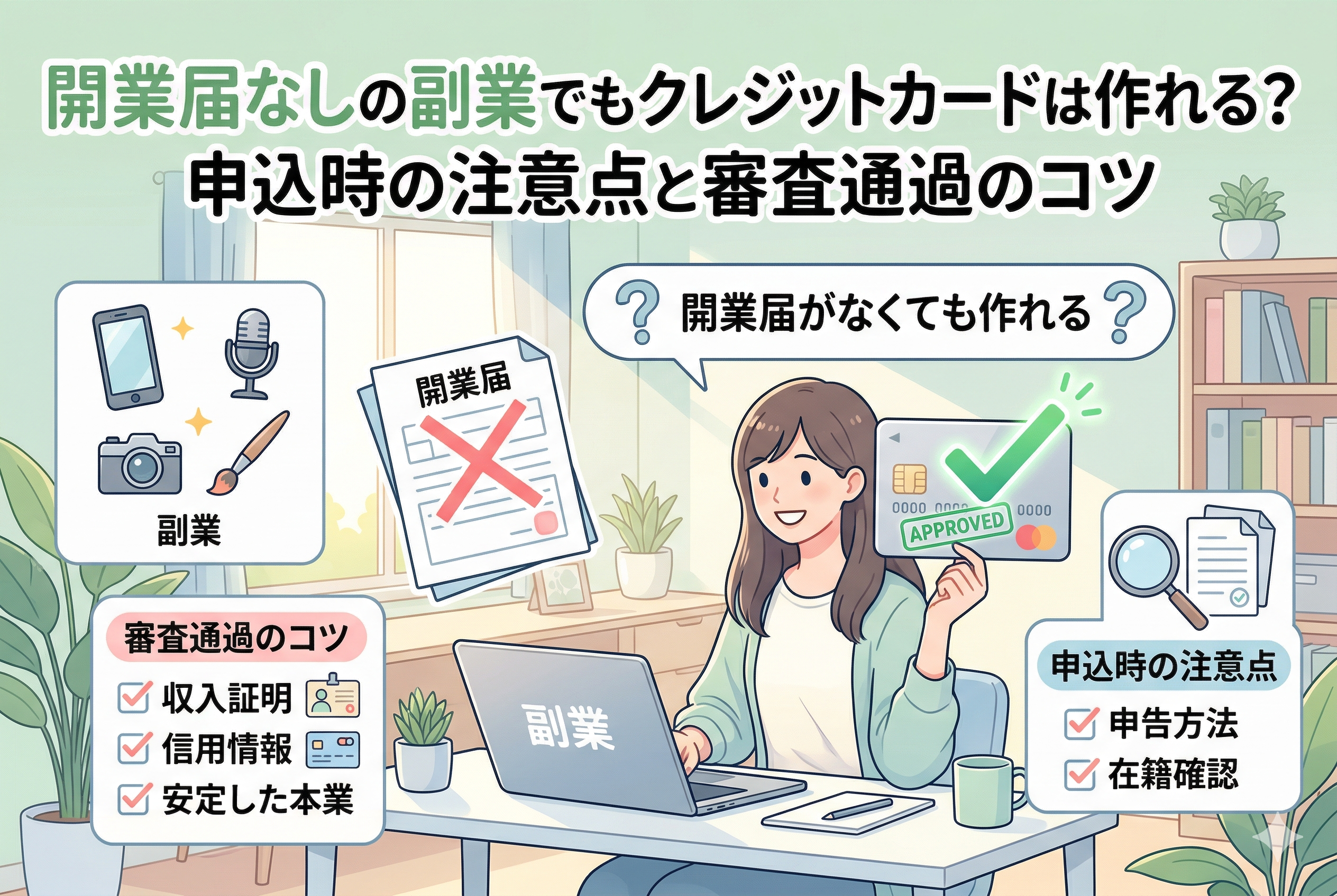 開業届を出していない副業ワーカー向けクレジットカード申し込み解説記事のアイキャッチ。PCデスクに向かう笑顔の女性フリーランス、×印の開業届、APPROVEDと書かれたクレジットカード、審査通過のコツと注意点のチェックリストが描かれている。