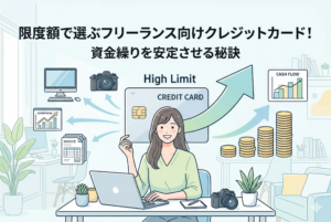 高い利用限度額のクレジットカードを背景に、ノートパソコンで作業する笑顔のフリーランス女性。PC、カメラ、広告、請求書などのビジネス経費がスムーズに決済され、キャッシュフローが右肩上がりに改善していく様子を描いたイラスト。上部には「限度額で選ぶフリーランス向けクレジットカード！資金繰りを安定させる秘訣」という見出しが配置されている。