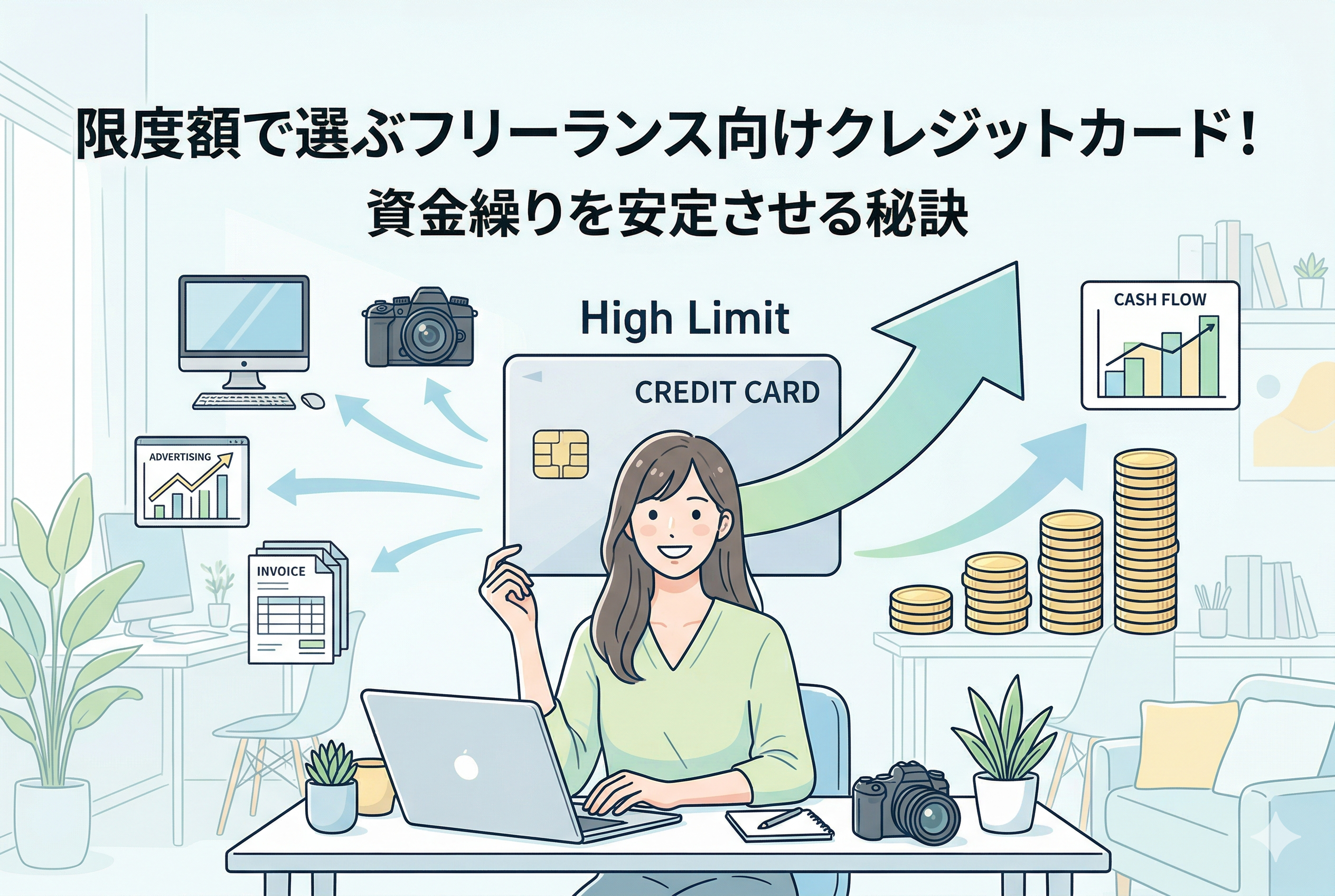 高い利用限度額のクレジットカードを背景に、ノートパソコンで作業する笑顔のフリーランス女性。PC、カメラ、広告、請求書などのビジネス経費がスムーズに決済され、キャッシュフローが右肩上がりに改善していく様子を描いたイラスト。上部には「限度額で選ぶフリーランス向けクレジットカード!資金繰りを安定させる秘訣」という見出しが配置されている。