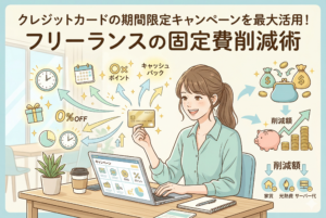 「クレジットカードの期間限定キャンペーンを最大活用！フリーランスの固定費削減術」という見出しが入ったアイキャッチ画像。デスクでノートパソコンを操作する笑顔の女性がゴールドカードを手に持ち、周囲にはポイント還元、キャッシュバック、カレンダーなどのキャンペーン要素が浮かんでいます。右側には、財布や貯金箱、家賃・光熱費・サーバー代などの固定費が削減されていく様子を表現した、清潔感のあるイラストです。