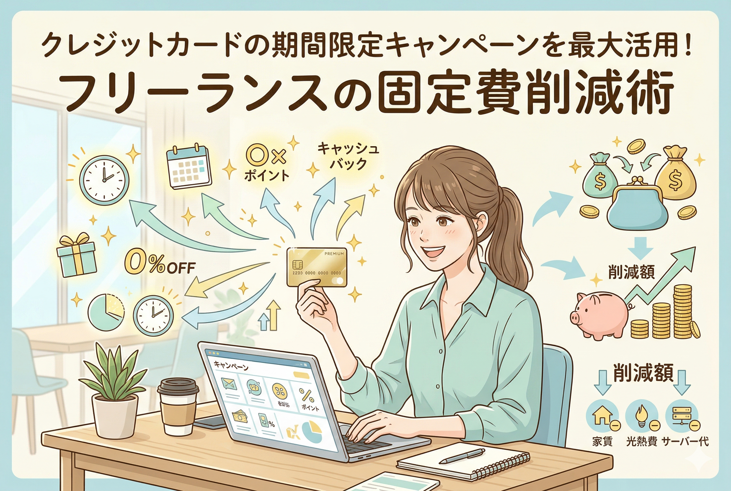 「クレジットカードの期間限定キャンペーンを最大活用!フリーランスの固定費削減術」という見出しが入ったアイキャッチ画像。デスクでノートパソコンを操作する笑顔の女性がゴールドカードを手に持ち、周囲にはポイント還元、キャッシュバック、カレンダーなどのキャンペーン要素が浮かんでいます。右側には、財布や貯金箱、家賃・光熱費・サーバー代などの固定費が削減されていく様子を表現した、清潔感のあるイラストです。