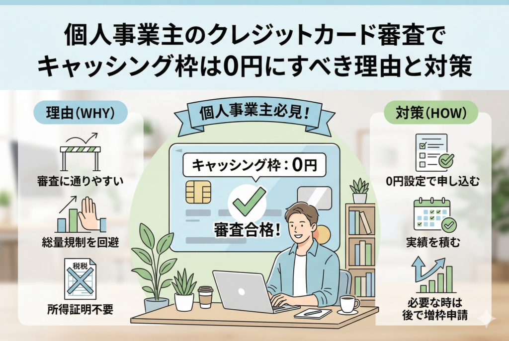 個人事業主のクレジットカード審査で、キャッシング枠を0円に設定すべき理由と対策を解説するインフォグラフィック。中心にノートパソコンで作業する笑顔の男性と、キャッシング枠0円で『審査合格!』と表示された大きなクレジットカード。左側に『理由(WHY)』として『審査に通りやすい』『総量規制を回避』『所得証明不要』の3項目。右側に『対策(HOW)』として『0円設定で申し込む』『実績を積む』『必要な時は後で増枠申請』の3項目。親しみやすいイラスト調で、整理されたデザイン。特定の企業のロゴは使用されていない。
